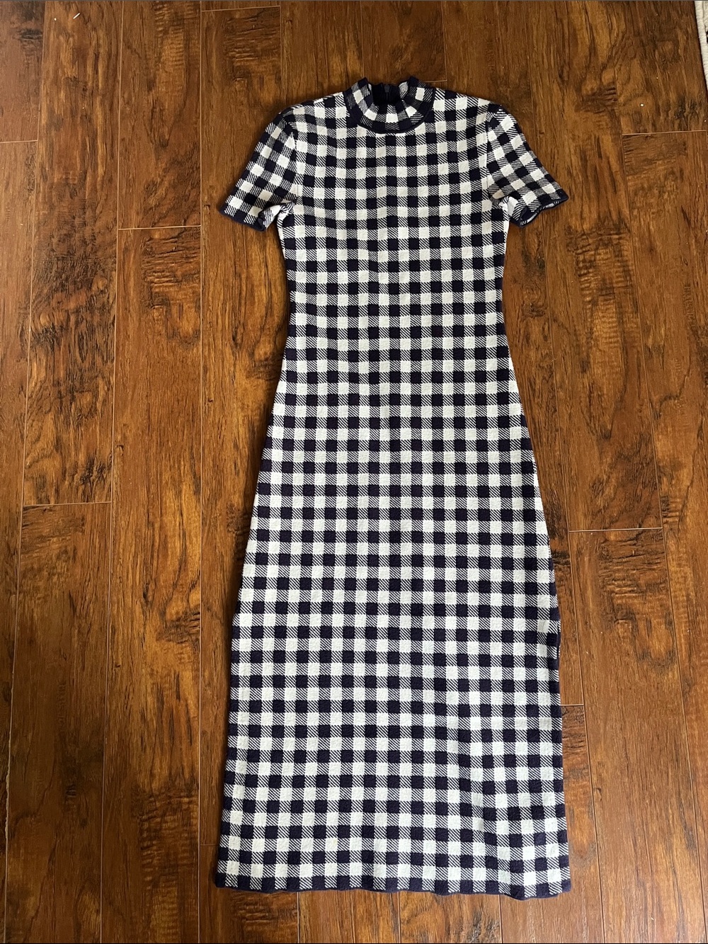 STAUD Black and White Gingham Knit Midi Dress